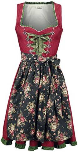 Luxus Designer Dirndl mit Schürze Kleid Dirndkleid Oktoberfest Tracht Trachtenkleid Spitze Denim Blumenprint Paspelierung Rüschen- XS, Rot/Grün von Dirndline