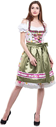 Dirndlspatz Dirndl Damen Exklusiv 3 Teilig Komplettset Midi Festlich Bestickt Satinschürze Grün Geblümt Gr 42"Anja in Weiß Olivgrün Rosa von Dirndlspatz