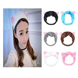 6 Stück Make-up-Stirnband Katzenohren Waschen Gesicht Spa Haarband Flauschig Elastisch Gesicht Dusche Kosmetik Headwrap Sport Haarschmuck von Dishowme