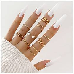 Boho Pearl Infinity Knuckle Rings Set Lucky 8 Wave Twisted Finger Joint Ring Kostüm stapelbare Ringe für Frauen Mädchen Männer (Gold) von Dishowme