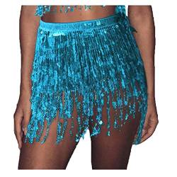 Dishowme Damen Pailletten-Tanzrock Bauchtanz-Outfit Glitzer-Quaste Fransen Hüftschal Rave Taille Wickelgürtel Kostüm für Mädchen (Blau) von Dishowme