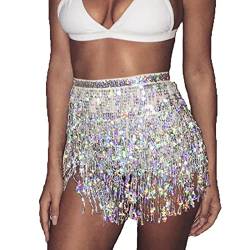 Dishowme Damen Pailletten-Tanzrock Bauchtanz-Outfit Glitzer-Quaste Fransen Hüftschal Rave Taille Wickelgürtel Kostüm für Mädchen (Silber) von Dishowme