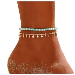 Fußkettchen mit Perlen Boho-Pailletten Quasten Fußkette Sommer Fußkette Schmuck für Frauen Mädchen 2 Stück (Blau) von Dishowme