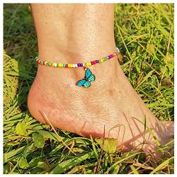 Fußkettchen mit Schmetterlingen Böhmisches Armband Bunte Perlen Fußkette Strand Barfuß Sandale, Schmuck für Frauen Mädchen Teenager (Mehrfarbig A) von Dishowme