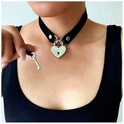 Halskette mit Vorhängeschloss aus Leder Herz-Halskette mit Schloss und Schlüssel Punk Katze Kätzchen Lolita-Kette Schmuck für Frauen Mädchen (Schwarz) von Dishowme