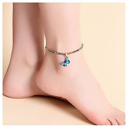 Kristall-Schmetterlings-Fußkettchen-Armband, bunte Strass-Schmetterlings-Fußkette Bling-Diamant-Strand Verstellbar Barfuß-Sandalen Schmuck für Frauen Mädchen Teenager (Blau) von Dishowme