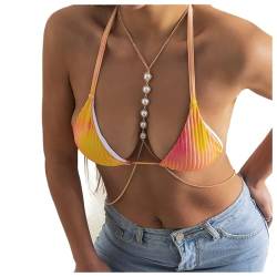 Perlen-Körperkette BH Bikini Kunstperlen Brustkette Boho Perlen Harness Taille Bauchkette Sommer Strand Körperschmuck für Frauen Mädchen (Gold) von Dishowme