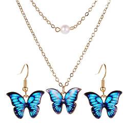 Schmetterlings-Halsketten-Ohrring-Set, Kunstperlen-Anhänger, Doppelkette, Schmuck für Frauen, Mädchen, Teenager, vergoldet (Blau) von Dishowme