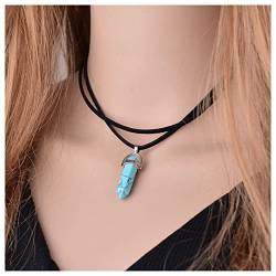 Türkis Leder Anhänger Halskette Sechseckige Säule Kristall Heilstein Halsband Halskette Schmuck für Frauen Mädchen Teenager (Blau) von Dishowme