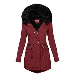 Damen Parkas Wintermäntel Kunstfell Kapuze Kragen Casual Lang Baumwolle Mantel, wein, 38 von Disimlarl