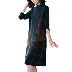 Disimlarl Frauen Retro Patchwork Lose Strickkleid Schlank Temperament Unten Lange Rundhals Pullover Kleid Dark GN XL von Disimlarl