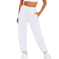 Damen Jogginghose Vintage Breite Freizeithose Teenager Luftige Lang Jogahosen Strandhose Stockholm Style Weiße Sweathose Mädchen Mit Gummizug Yoga Pants Preppy Marlenehose von Dislsokrhov