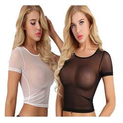 Damen Kurzarm Bluse, Durchsichtige Kurze Ärmel Sheer Mesh Nahtlose Arm Shaper Crop Tops T Shirt Netz Unterhemd Reizwäsche Mesh Dessous Body Tunika Tank Top Transparente Bluse B1-Schwarz,M von Dislsokrhov