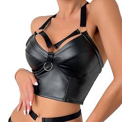 Damen Metallic Crop Top Neckholder Oberteil Bauchfrei Shirt Lack Leder Bustier Tank Top Oberteil Tanz Kostüm Push Up Busenfrei Glänzend Bustier Top BH Unterhemd kurz Clubwear E1-Schwarz,M von Dislsokrhov