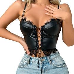 Damen Metallic Crop Top Neckholder Oberteil Bauchfrei Shirt Lack Leder Bustier Tanz Kostüm Unterhemd kurz Clubwear Tank Top Push Up Busenfrei Glänzend Bustier Top Oberteil C3-Schwarz,XXL von Dislsokrhov