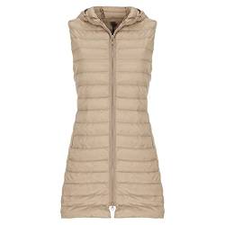 Damen Steppweste Winter Daunenweste Übergangsweste Lang Weste Winterjacke Leichte Warm Gesteppt Casual Longweste Winterweste Daunenmantel Oversize Daunenjacke Waistcoat mit Kapuze 14# Beige,M von Dislsokrhov