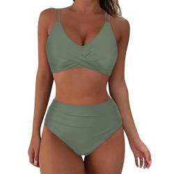 Dislsokrhov Bikini Tanga Damen Set Blumenmuster Crossover Ties-up Neckholder bikiniohose gedruckt high Waist bademode Wende-Slip Zweiteiliger Badeanzug #04 Armeegrün,S von Dislsokrhov