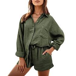 Dislsokrhov Y2K Zweiteiler Damen Sommer Langarme Hemd Hemdshirt Bluse Kurze Hose Set Plissee Baumwolle 2 Teilige Freizeitanzug Kurz Einfarbig Outfit Set mit Knopfleiste&Brusttasche Streetwear von Dislsokrhov