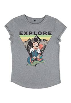 Disney Damen Mickey Classic Explore Mickey Travel Women's Organic Rolled Sleeve T-shirt, Melange Grey, M von Disney Classics