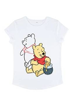 Disney Damen Winnie The Pooh Pooh Line Art Women's Organic Rolled Sleeve T-shirt, Weiß, S von Disney Classics