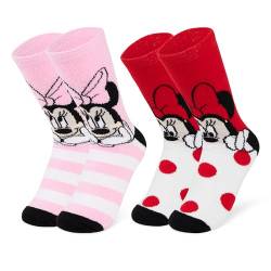 Disney Damen Socken, 2er Set Kuschelsocken Damen Flauschig mit ABS Mickey Minnie Baby Yoda Stitch (Rot/Rosa Minnie) von Disney