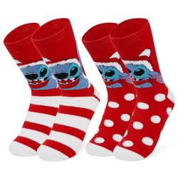 Disney Damen Socken, 2er Set Kuschelsocken Damen Flauschig mit ABS Mickey Minnie Baby Yoda Stitch (Rot Stitch) von Disney