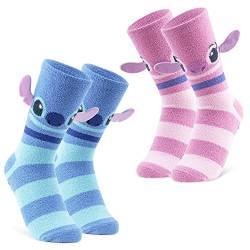 Disney Damen Socken, 2er Set Kuschelsocken Damen Flauschig mit ABS Stitch und Angel (Pink/Blau Streifen) von Disney