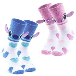 Disney Damen Socken, 2er Set Kuschelsocken Damen Flauschig mit ABS Stitch und Angel (Rosa/Blaue Herzen) von Disney