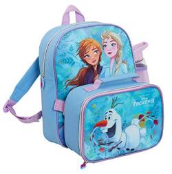 Disney Frozen 2 Rucksack + Lunchtasche isolierte Kühlbox + Wasserflasche passendes 3-teiliges Gepäckset, blau, Einheitsgröße, Rucksack von Disney