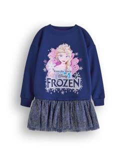 Disney Frozen Girls Pullover Kleid | Kinder Prinzessin ELSA Sweatshirt mit glitzerndem Tüllrock in Marineblau | Glitzer-Grafik-Pullover in einem kompletten Outfit Film von Disney