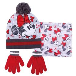 Disney Minnie Mouse Bommelmütze + Schlauchschal + Handschuhe Ser für Mädchen 3 Stück Winter Set Geschenkbox, rot / weiß, One size von Disney