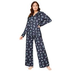 Disney Pyjama Damen S-XL, Stitch Schlafanzug Damen lang mit Knopfleiste, Schlafanzug für Damen, Geschenke (Marineblaue, L) von Disney