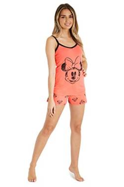 Disney Schlafanzug Damen Kurz, Pyjama Damen Teenager, Pyjama Set Cami Top und Schlafshorts Loungewear Baumwolle Geschenke Stitch Mickey Minnie S-XL (Koralle Minnie, S) von Disney