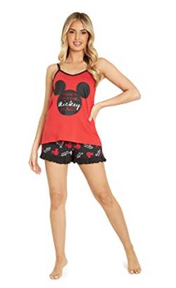 Disney Schlafanzug Damen Kurz, Pyjama Damen Teenager, Pyjama Set Cami Top und Schlafshorts Loungewear Baumwolle Geschenke Stitch Mickey Minnie S-XL (Rot/Schwarz Mickey, M) von Disney