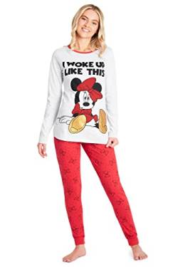 Disney Schlafanzug Damen Lang S-XL, Stitch Pyjama Damen Set, Mickey Minnie Mouse Geschenke Pyjama Damen Baumwolle(Grau/Rot Minnie, M) von Disney