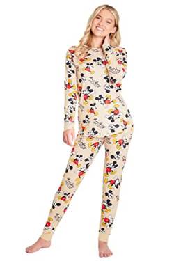 Disney Schlafanzug Damen Lang S-XL, Stitch Pyjama Damen Set, Mickey Minnie Mouse Geschenke Pyjama Damen Baumwolle (Beige Mickey, M) von Disney