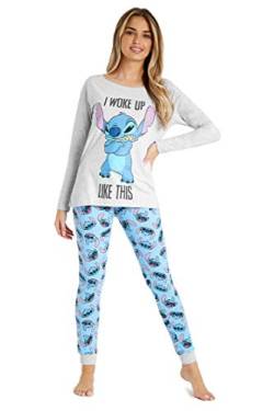 Disney Schlafanzug Damen Lang S-XL, Stitch Pyjama Damen Set, Mickey Minnie Mouse Geschenke Pyjama Damen Baumwolle (Grau/Blau Stitch, M) von Disney