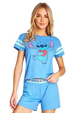 Disney Schlafanzug Damen Sommer Kurz Stitch Winnie Pooh (Blau Stitch, XL) von Disney
