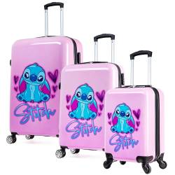 Disney Stitch Hartschalenkoffer, 3er-Set Reisekoffer mit Rollen 28L, 50L & 91L, 4 Räder, Rosa, Zahlenschloss von Disney