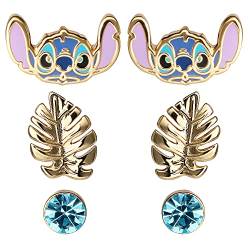 Disney Stitch Ohrringe für Mädchen, 3-teiliges Set, vergoldete 3-Punkt-Ohrstecker für kleine Mädchen, Offiziell Lizenzierter Stitch Schmuck von Disney