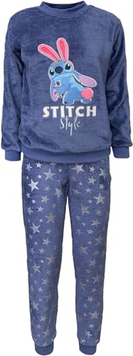 Disney Stitch Pyjama für Damen, T-Shirt und Lange Hose, 2-Teiliges Set für Damen, Blauer Weicher Fleece-Pyjama mit Sternenmuster, Pyjama Geschenk für Frauen und Teenager (XS) von Disney