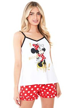 Disney Stitch Schlafanzug, Minnie und Mickey Mouse Schlafanzug Damen, Loungewear Pjama Set Für Damen, Cami Top und Schlafshorts, Baumwolle, Stylisch Geschenk Fã¼r Frauen, Weiß/Rot, Groß von Disney