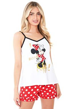 Disney Stitch Schlafanzug, Minnie und Mickey Mouse Schlafanzug Damen, Loungewear Pjama Set Für Damen, Cami Top und Schlafshorts, Baumwolle, Stylisch Geschenk Fã¼r Frauen, Weiß/Rot, Klein von Disney