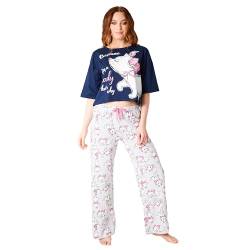 Disney Stitch Schlafanzug Damen – Baby Yoda Minnie Mouse Stitch Langer Pyjama mit Crop Top – Weihnachtlicher Schlafanzug für Frauen S-XL (Dunkelblaue Marie, L) von Disney