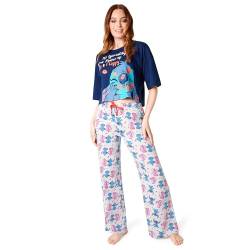 Disney Stitch Schlafanzug Damen – Baby Yoda Minnie Mouse Stitch Langer Pyjama mit Crop Top – Weihnachtlicher Schlafanzug für Frauen S-XL (Dunkelblauer Stitch, L) von Disney