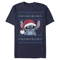 Disney Unisex Lilo And Stich Holiday Stitch Wearing Santa Hat Organic Short Sleeve T-shirt, Navy Blau, L von Disney