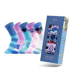 Disney Wadensocken Damen, Bunte Warme Socken Damen mit Motiv 5er-Pack - Stitch Winnie Pooh Baby Yoda, Freundin Geschenk (Rosa/Blau Stitch) von Disney