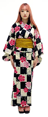 Dita Enshu Traditioneller Yukata-Bademantel für Damen aus Baumwolle (japanischer lässiger Kimono), leicht zu tragen (Yukata, Obi, Koshihimo) Set3, Enshu-2, Einheitsgröße von Dita
