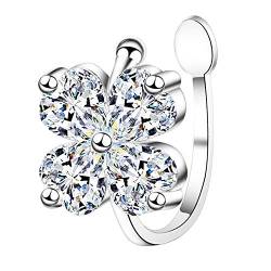 Damen Ohrklemme 925 Silber Blüte Blume mit Zirkonia Strass Stein Ear Cuff Ohr Hoop Helix Klemmring Ohrring Fake Piercing Ring Clip On Ohrmanschette von Ditz