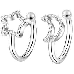 Damen Ohrklemme Silber Mond und Stern mit Kugel Ear Cuff Ohr Hoop Helix Klemmring Ohrringe Fake Piercing Ring Clip On Ohrmanschette Schlicht Dünn von Ditz